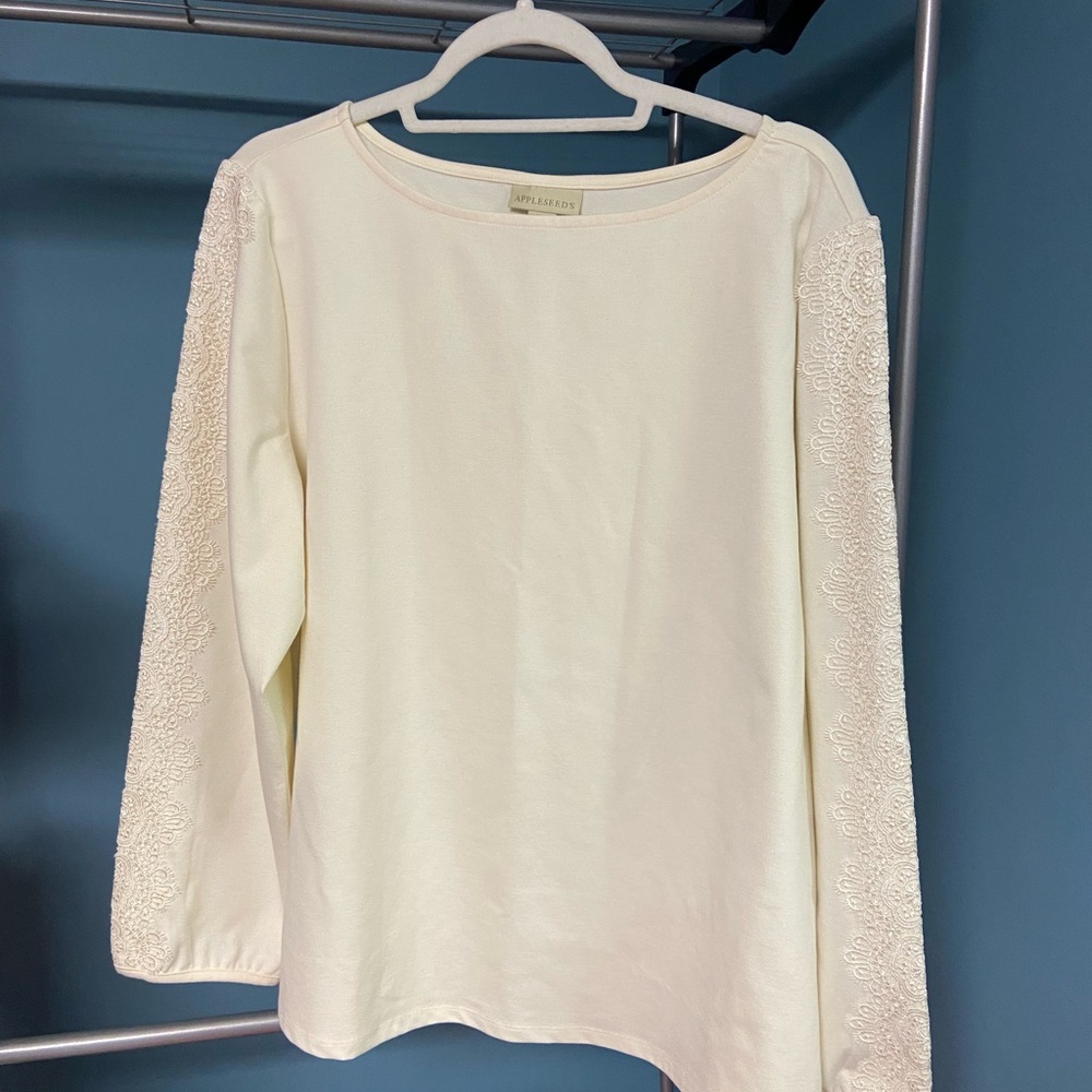 Appleseed’s Ivory Embroidered Sleeve Long Sleeve Knit Top - Size XL